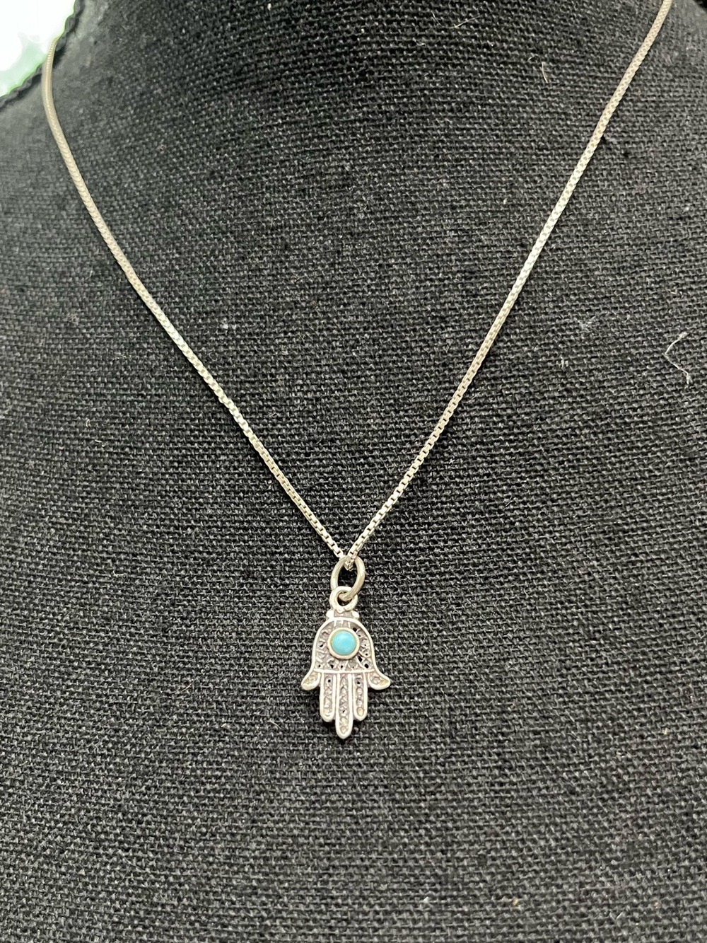 Silver Hamsa Hand of Fatima Necklace with Turquoise Accent - Women Jewelry